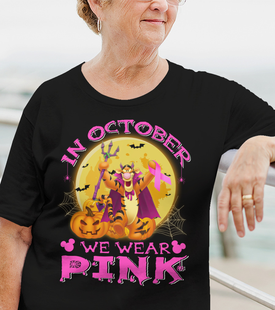 In October We Wear Pink Tigger Halloween Pumpkins Bats T-Shirt