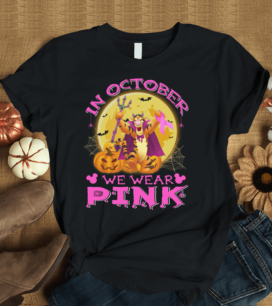 In October We Wear Pink Tigger Halloween Pumpkins Bats T-Shirt