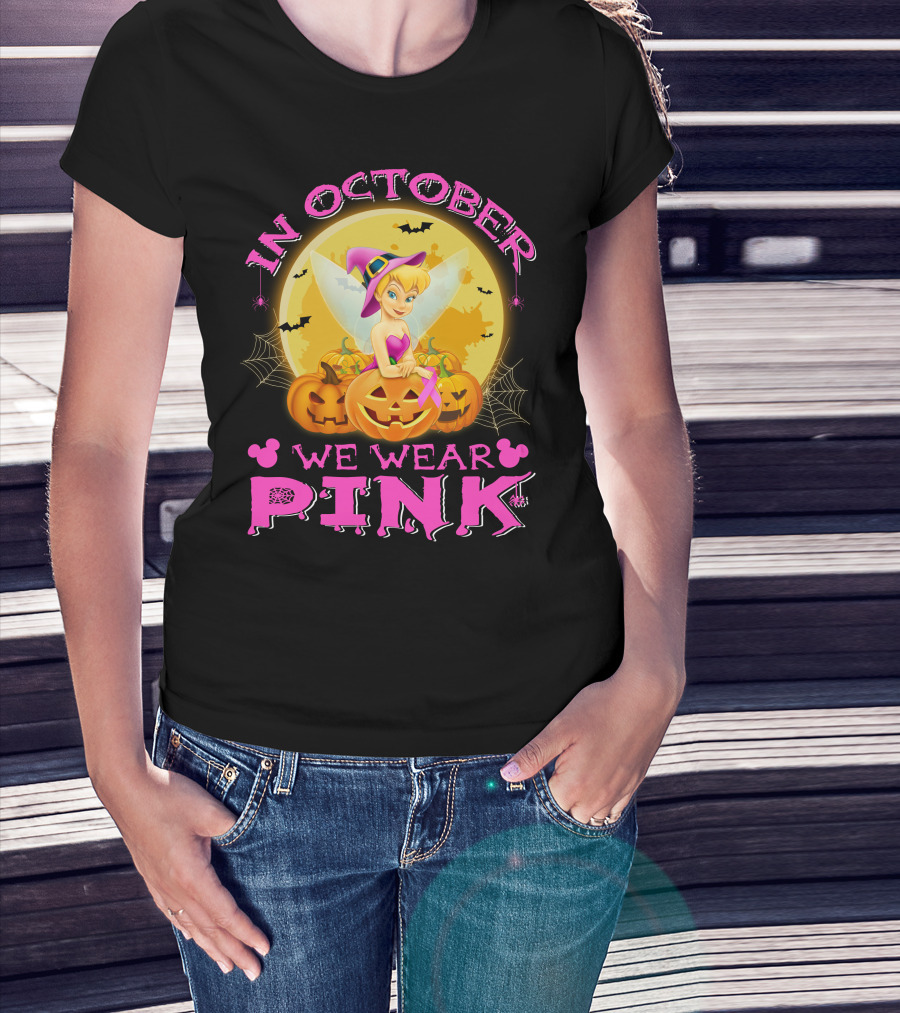 Tinker Bell In October We Wear Pink Halloween Pumpkins T-Shirt