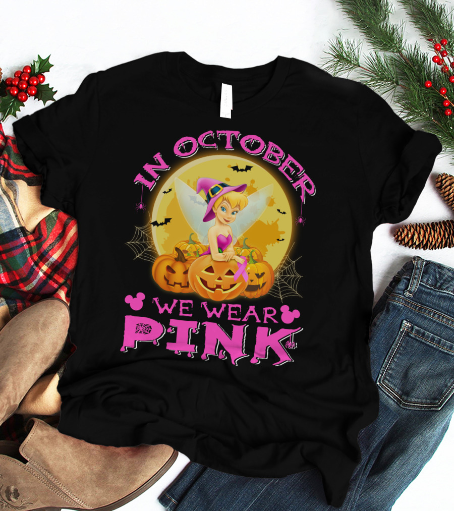 Tinker Bell In October We Wear Pink Halloween Pumpkins T-Shirt
