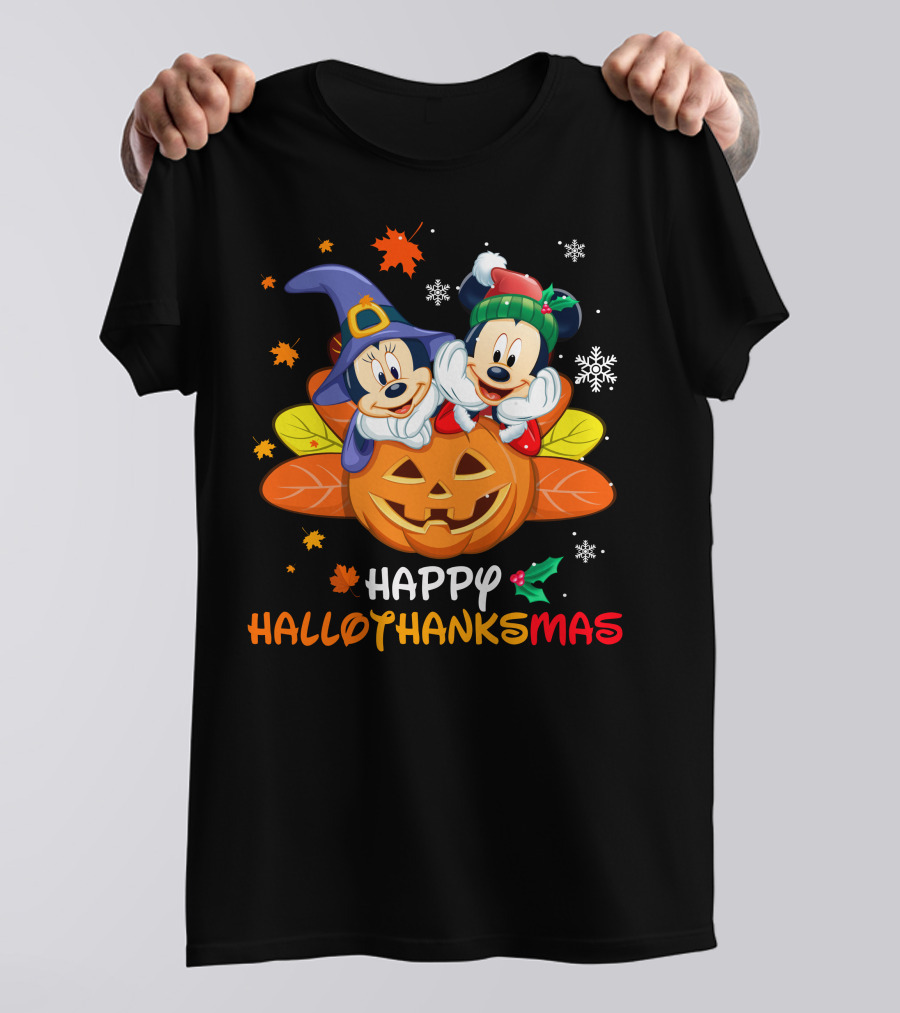 Happy Hallothanksmas Mickey Minnie Jack-O'-Lantern Holly Snowflakes Leaves T-Shirt