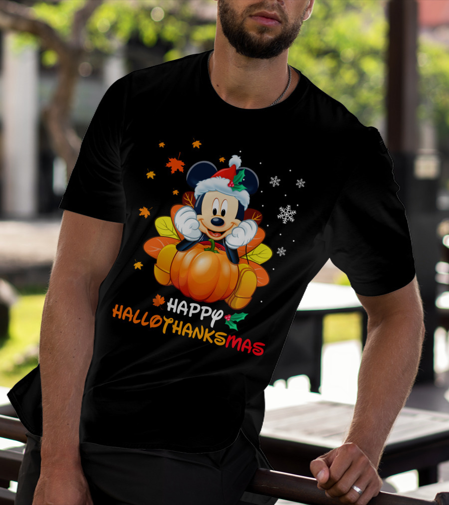 Happy Hallothanksmas 2 Mickey Mouse Pumpkin Santa Hat Fall Leaves Snowflakes T-Shirt