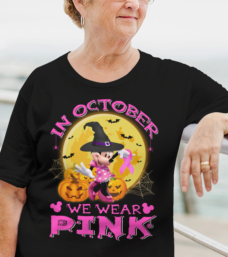 In October We Wear Pink Minnie Halloween Breast Cancer Awareness T-Shirt