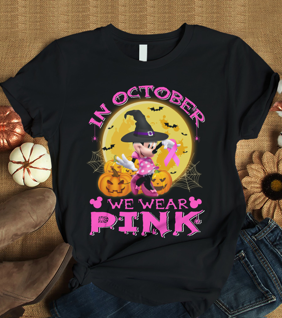 In October We Wear Pink Minnie Halloween Breast Cancer Awareness T-Shirt