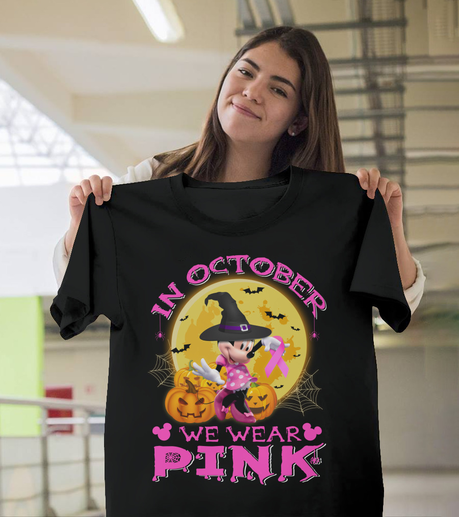In October We Wear Pink Minnie Halloween Breast Cancer Awareness T-Shirt