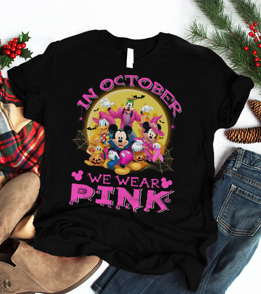 In October We Wear Pink Disney Halloween Characters T-Shirt