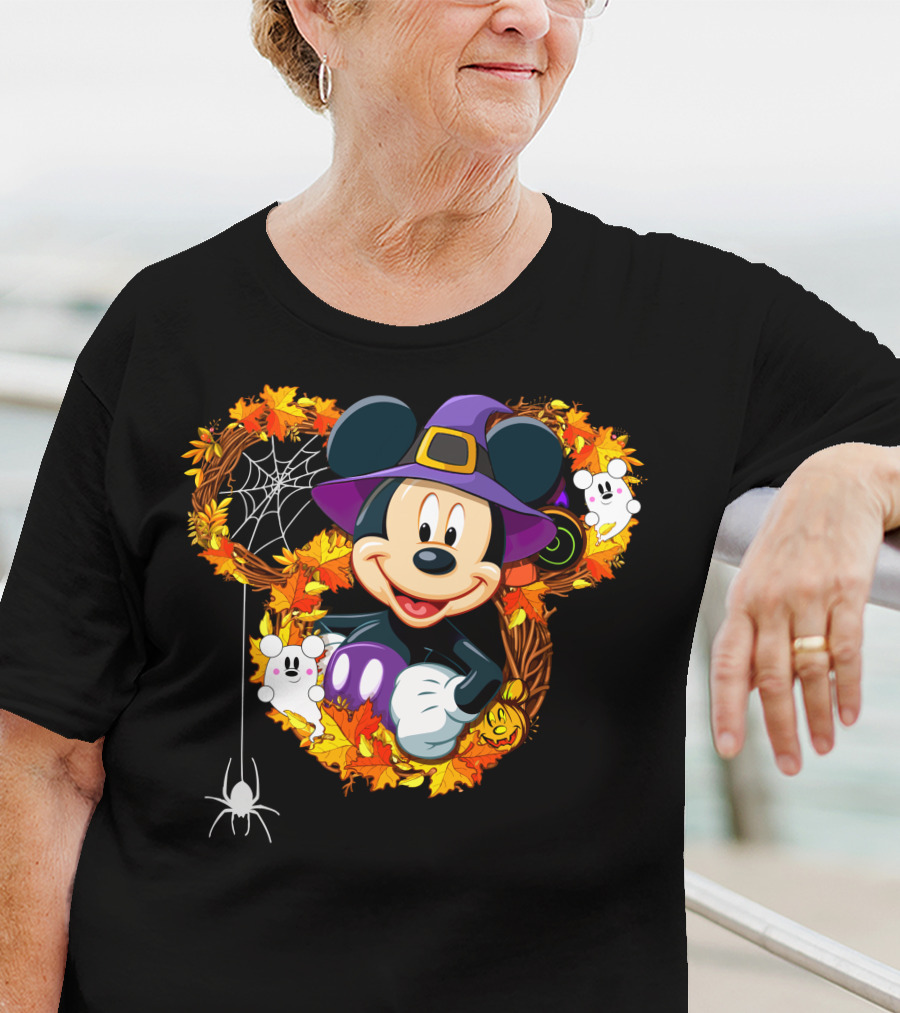 Mickey Halloween Wreath Witch Hat Spiderweb Ghosts Pumpkins Leaves T-Shirt