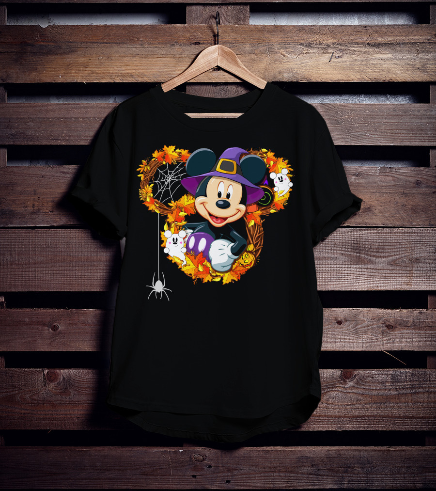 Mickey Halloween Wreath Witch Hat Spiderweb Ghosts Pumpkins Leaves T-Shirt