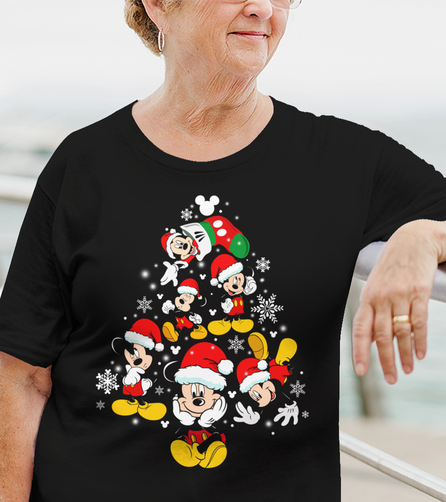 Mickey Mouse Christmas Santa Hat Snowflakes T-Shirt