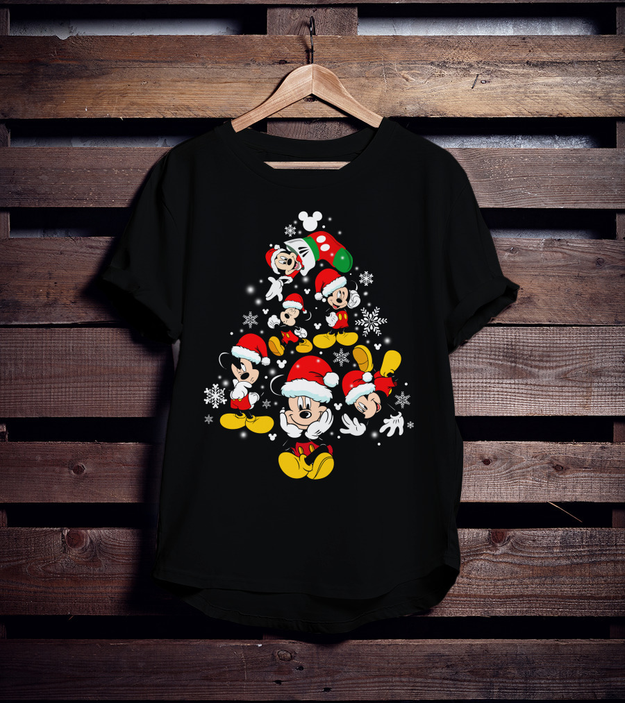 Mickey Mouse Christmas Santa Hat Snowflakes T-Shirt