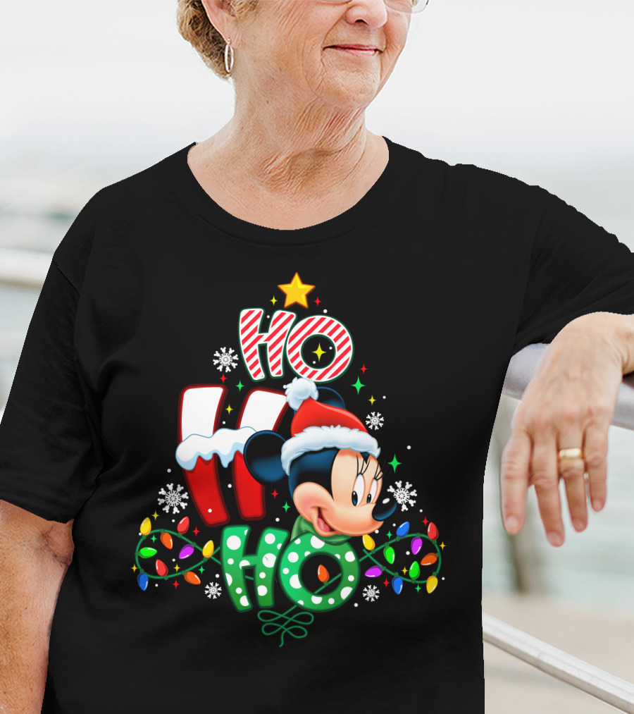 Minnie Hohoho Christmas Lights Snowflakes Star Santa Hat T-Shirt