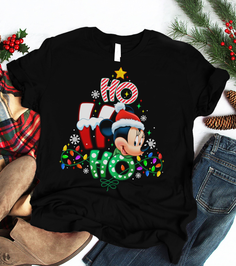 Minnie Hohoho Christmas Lights Snowflakes Star Santa Hat T-Shirt