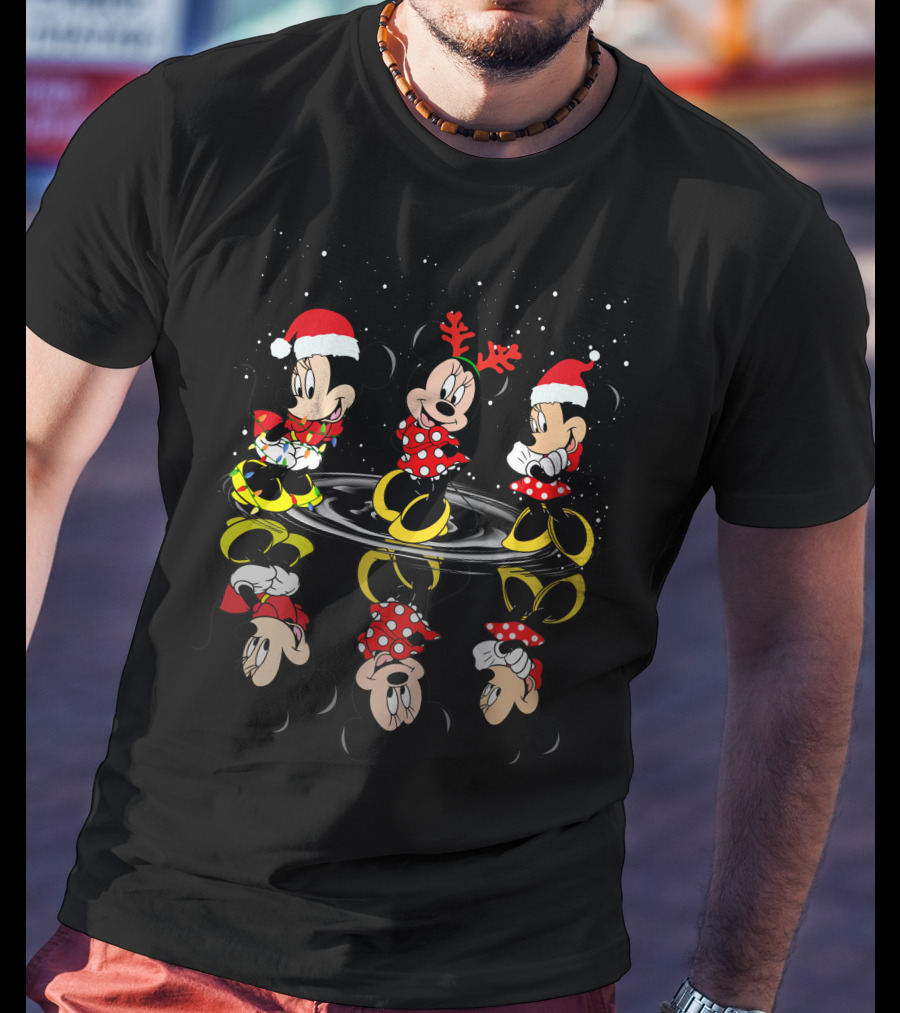 Minnie Mickey Christmas Reflections In Santa Hats And Holiday Outfits T-Shirt