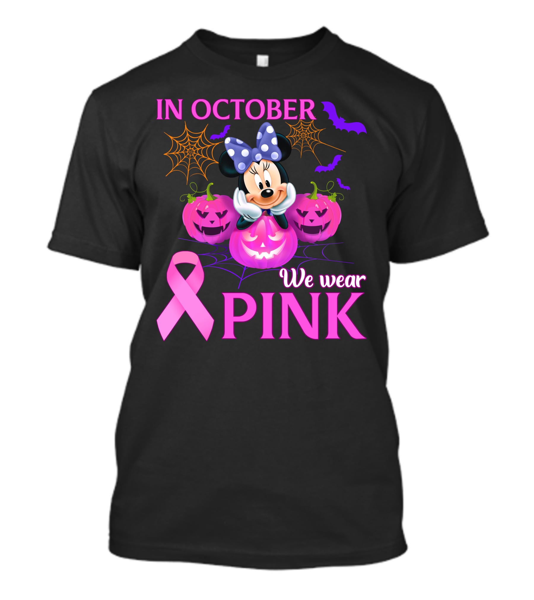 In October We Wear Pink Minnie Bow Pumpkins Ribbon Bats Halloween T-Shirt