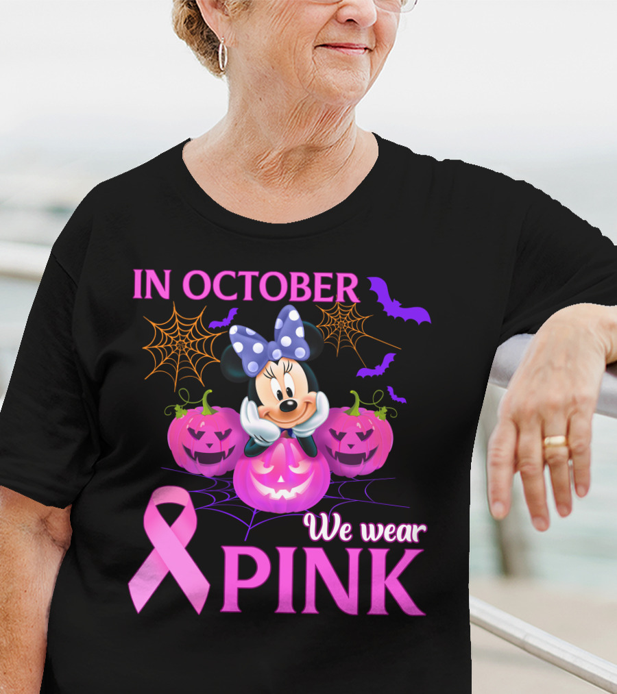 In October We Wear Pink Minnie Bow Pumpkins Ribbon Bats Halloween T-Shirt