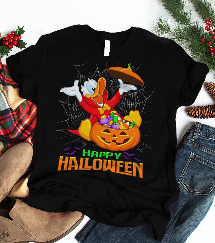 Happy Halloween Donald Duck In Pumpkin Suit With Candy And Spiderweb T-Shirt