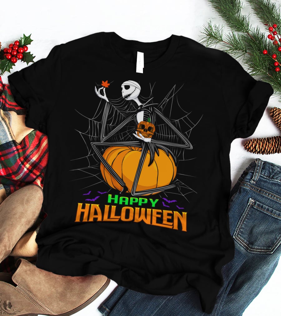 Happy Halloween Jack Skellington Pumpkin Bat Spiderweb T-Shirt