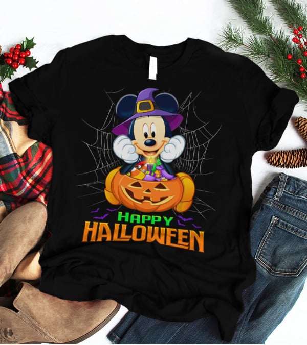 Mickey Happy Halloween Witch Hat Pumpkin Bat Spiderweb T-Shirt