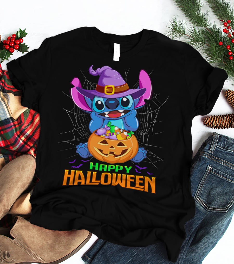 Happy Halloween Stitch Witch Costume Pumpkin Candy Basket T-Shirt