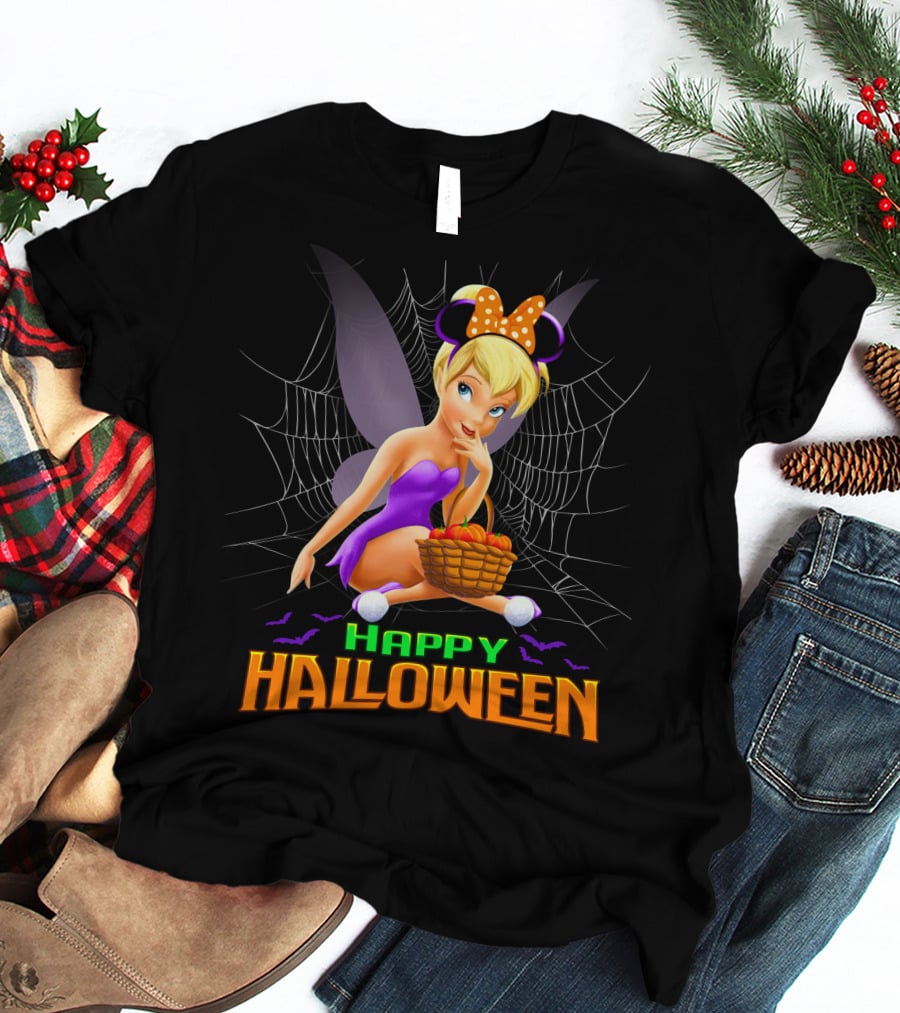 Tinker Bell Happy Halloween Pumpkin Basket With Bat Wings And Spiderweb T-Shirt