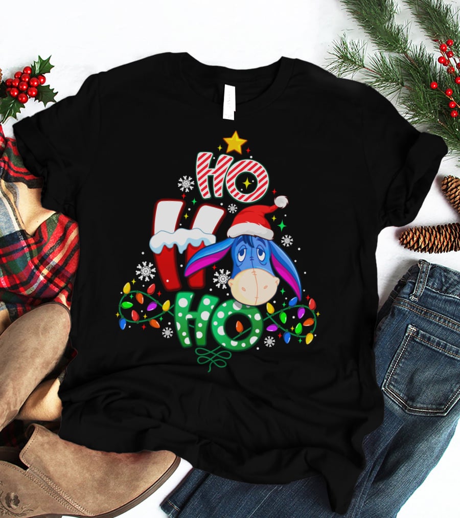 Ho Ho Ho Eeyore Christmas Lights Santa Hat Snowflakes T-Shirt