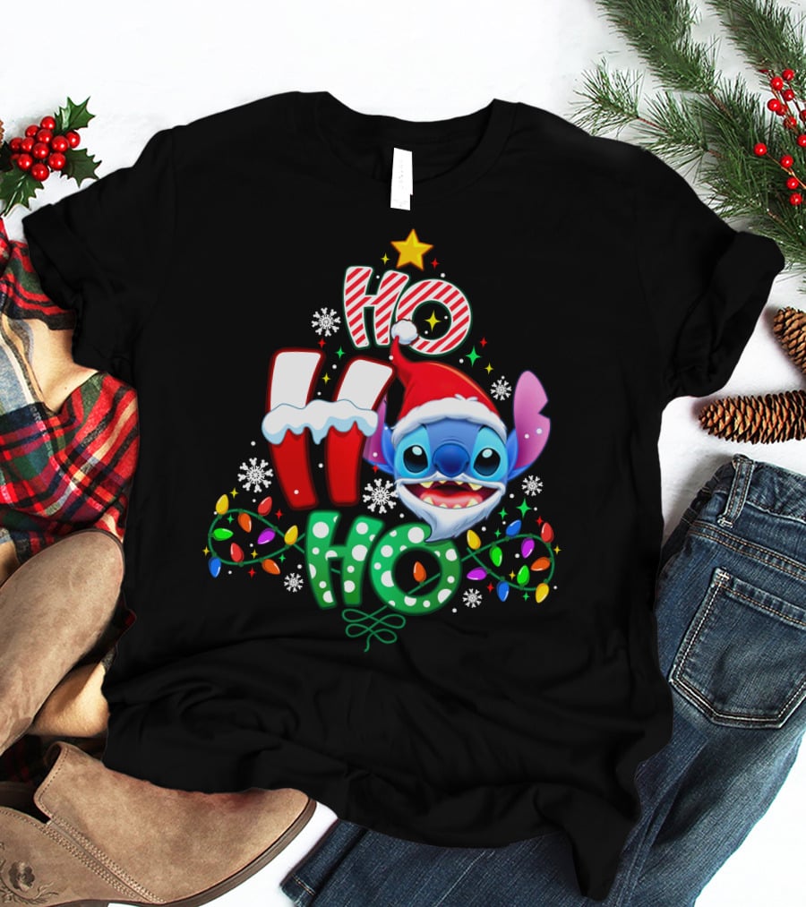 Ho Ho Ho Stitch Christmas Lights Santa Hat T-Shirt