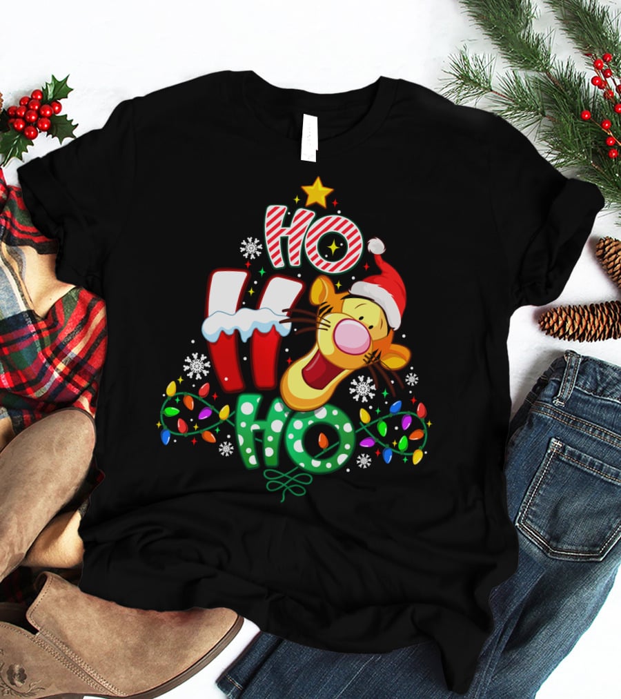 Tigger Christmas Ho Ho Ho Santa Hat Lights Snowflakes T-Shirt