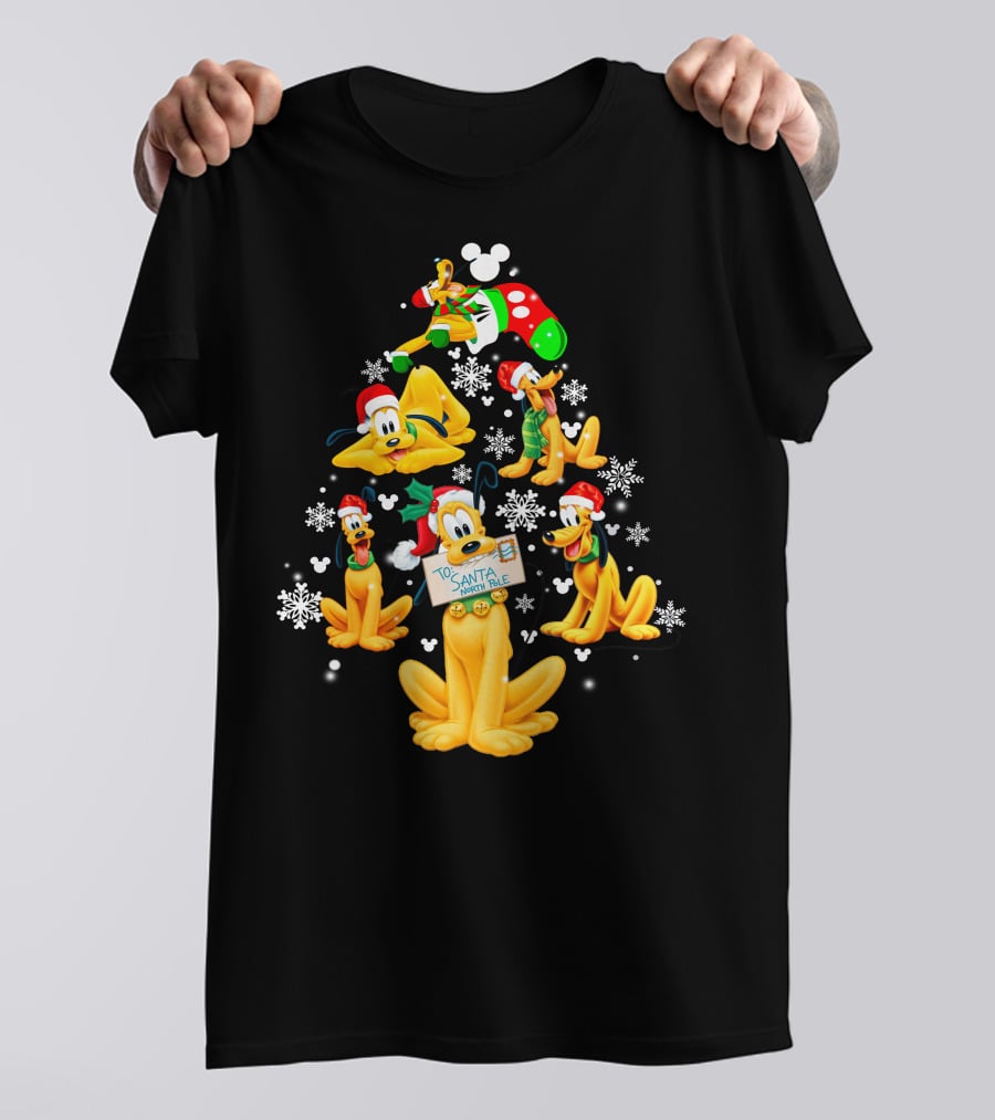 Pluto Christmas Tree Design With Santa Hat And Snowflakes T-Shirt