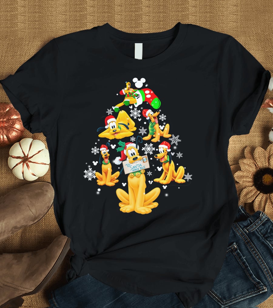 Pluto Christmas Tree Design With Santa Hat And Snowflakes T-Shirt