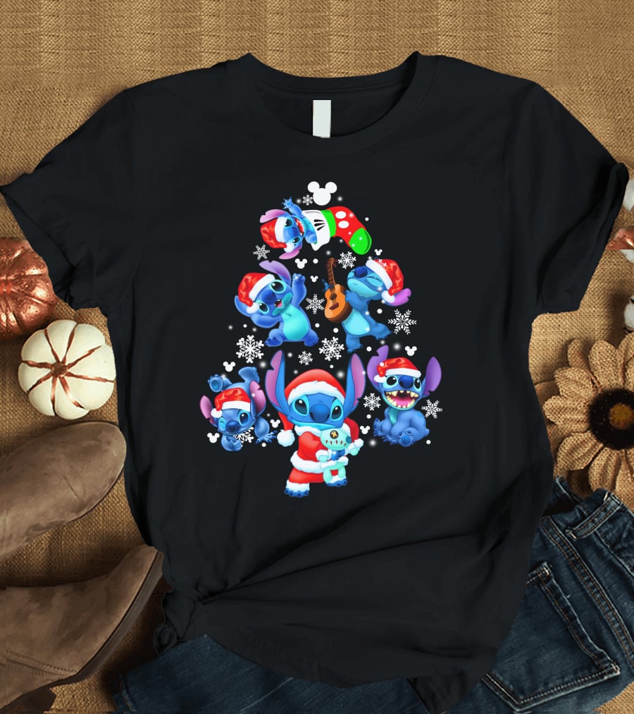 Stitch Christmas Tree With Snowflakes And Santa Hat Holiday T-Shirt