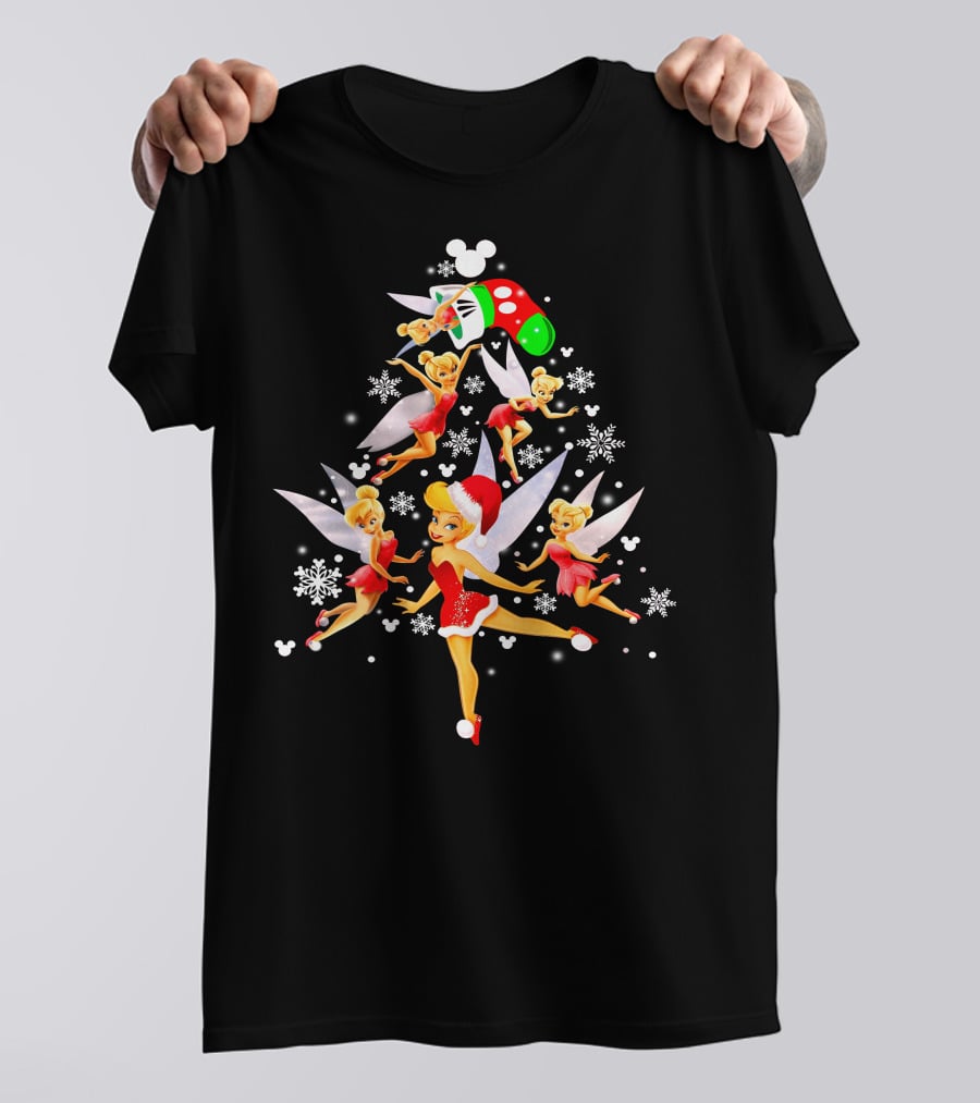 Tinker Bell Christmas Tree With Mickey Santa Hat And Snowflakes T-Shirt