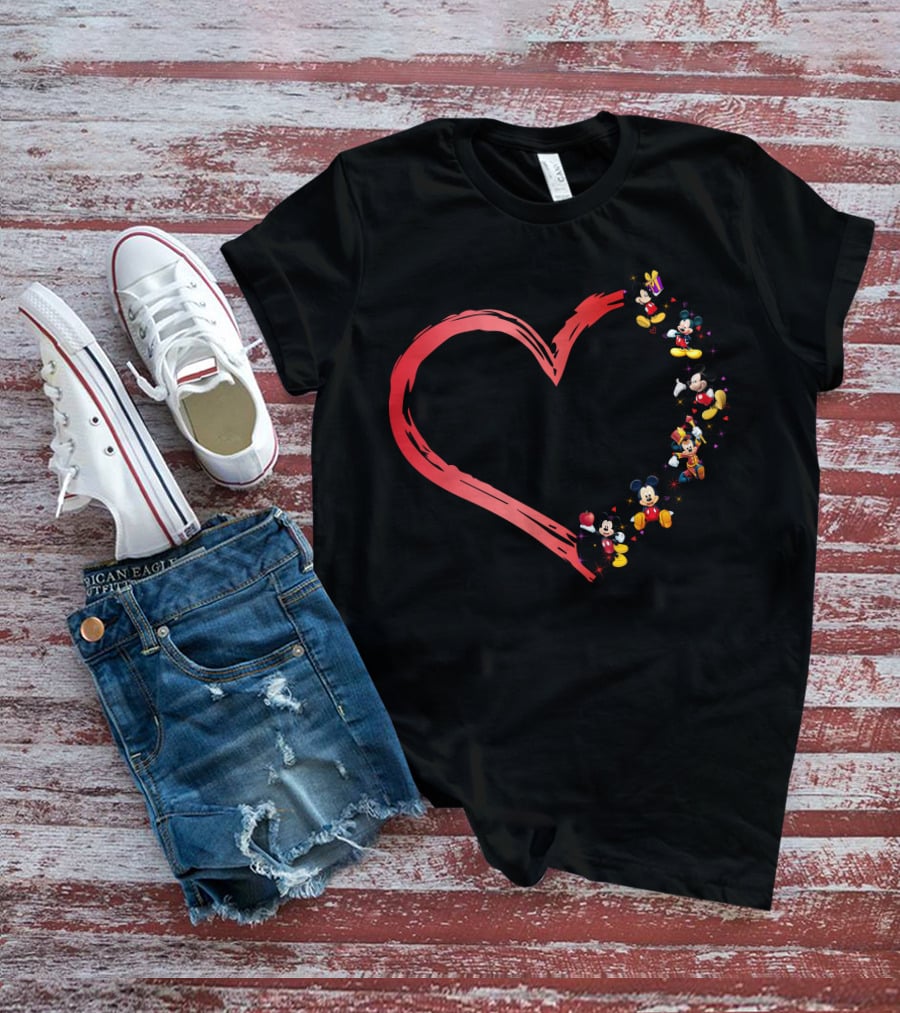 Mickey Mouse Heart Shaped Collage With Classic Characters T-Shirt