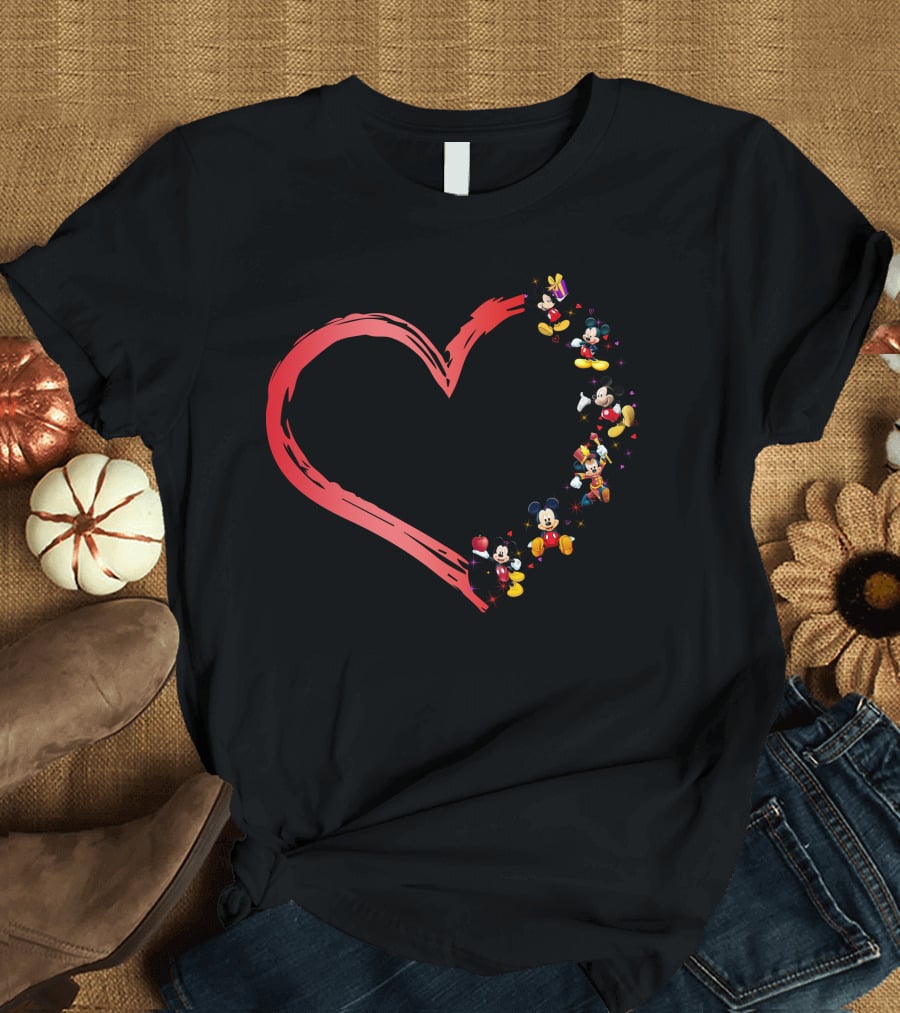 Mickey Mouse Heart Shaped Collage With Classic Characters T-Shirt
