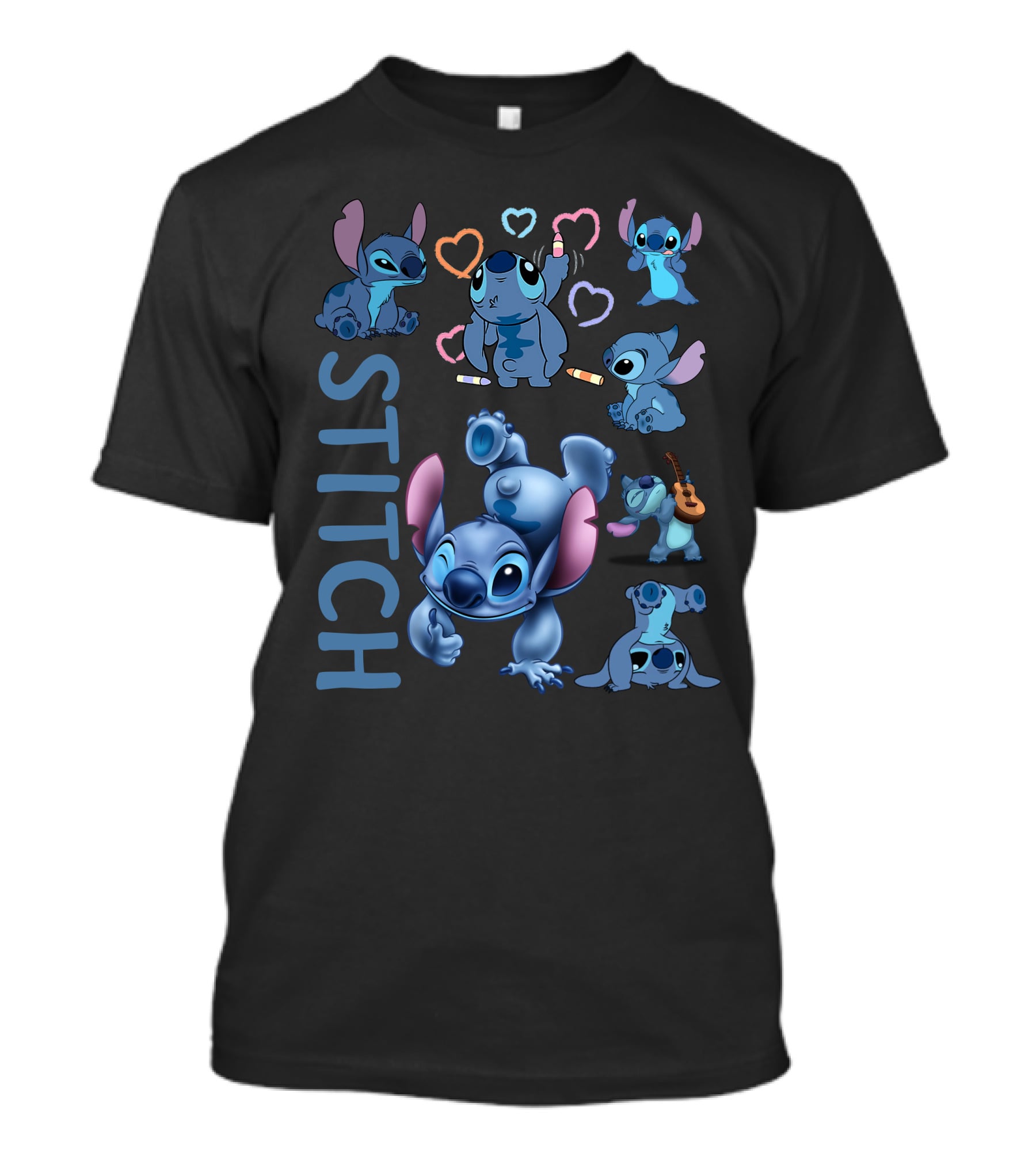 Stitch Cute Blue Alien Playing Guitar And Drawing Hearts T-Shirt