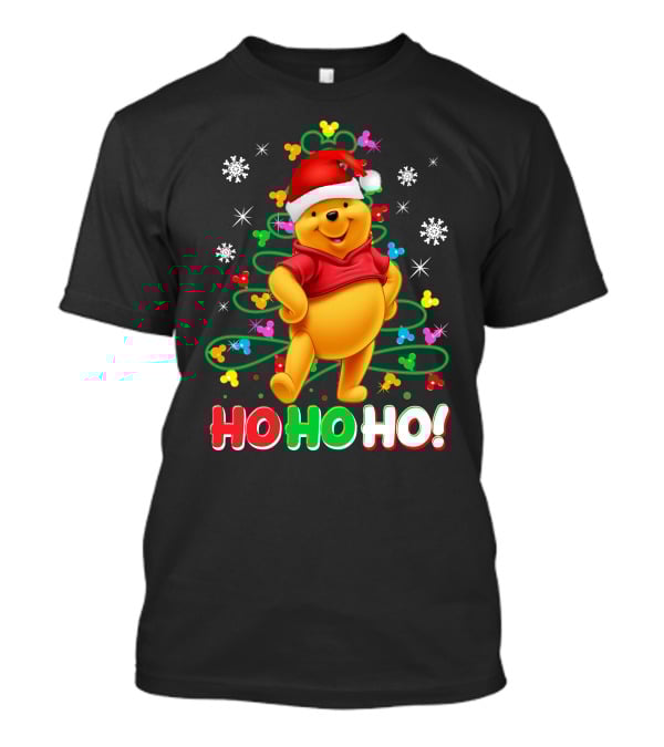 Winnie The Pooh Christmas Ho Ho Ho Santa Hat Snowflakes And Lights T-Shirt