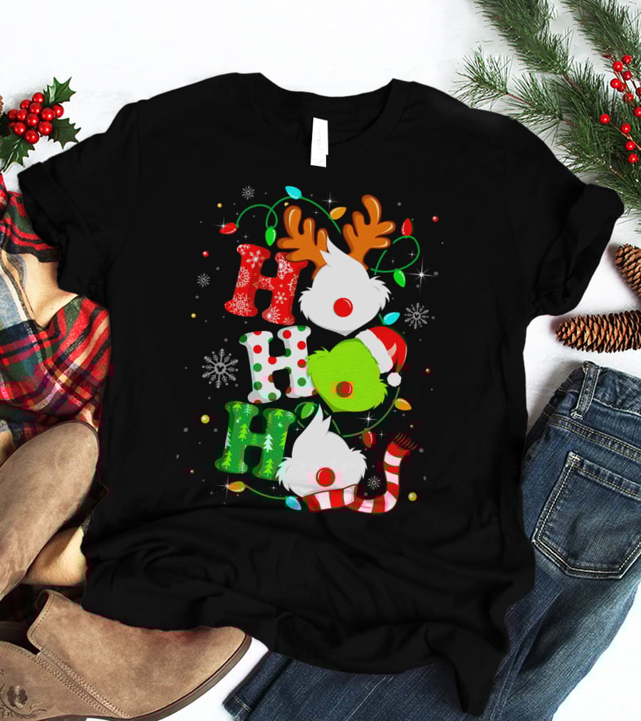 Ho Ho Ho Grinch Christmas Lights Reindeer Antlers Santa Hat Snowflakes T-Shirt