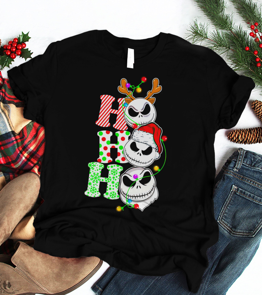 Ho Ho Ho Jack Skellington Christmas Lights Reindeer Antlers Santa Hat T-Shirt