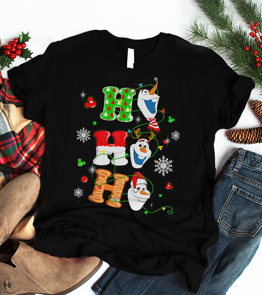 H H H Olaf Snowman With Christmas Trees And Snowflakes Holiday Theme T-Shirt