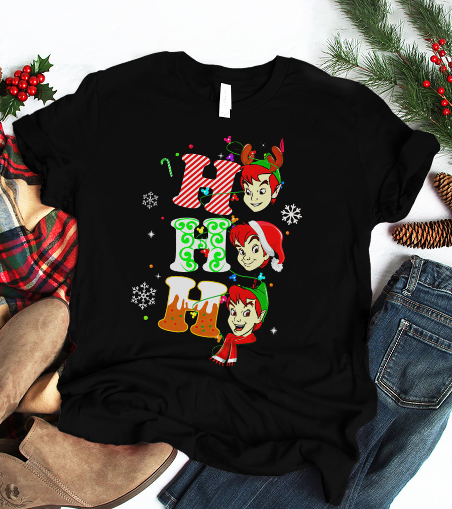 Peter Pan Holiday Cheer Ho Ho Ho Christmas Reindeer Santa Hat Scarf Snowflakes T-Shirt