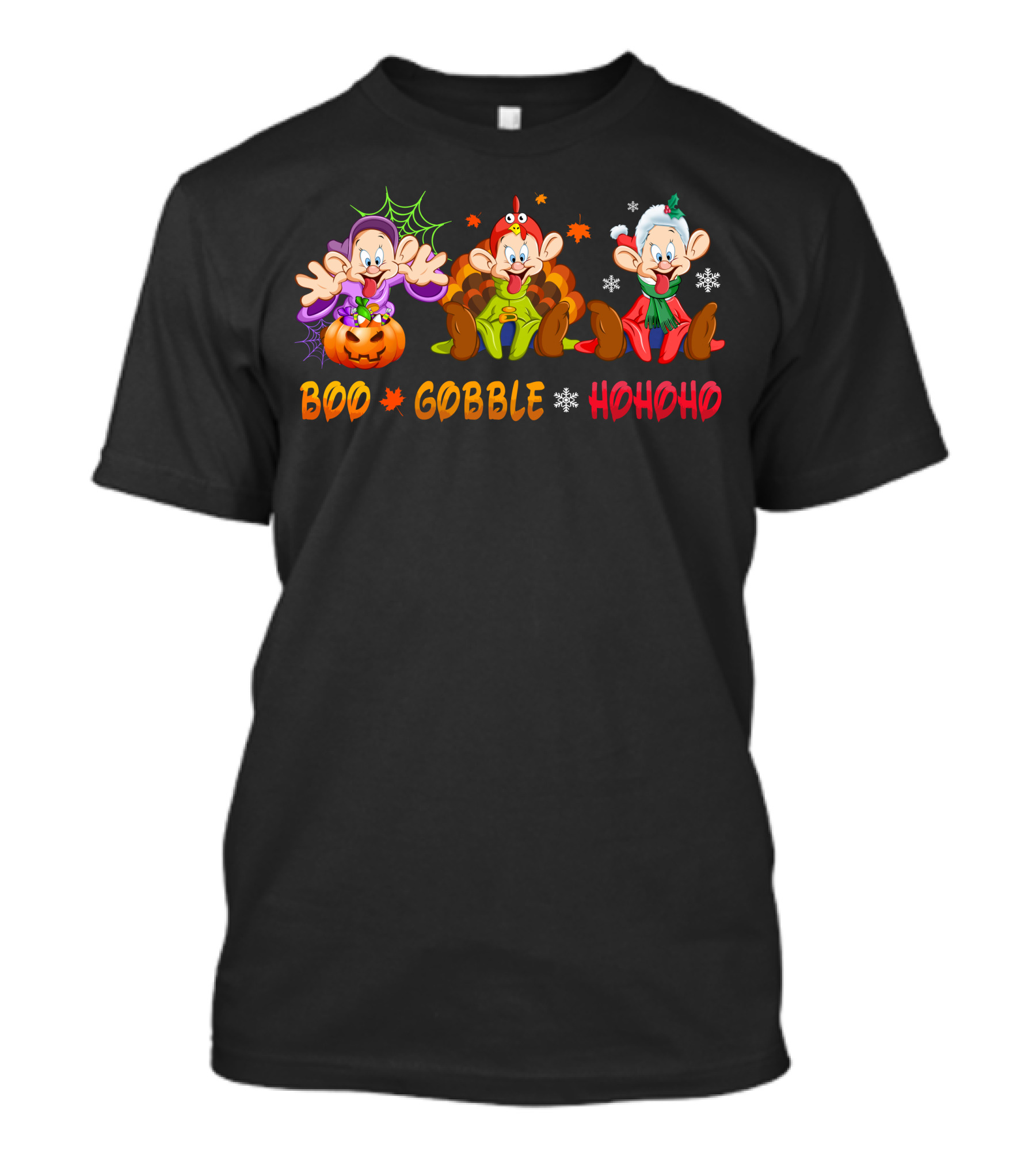 Boo Gobble Hohoho Dopey Halloween Thanksgiving Christmas Holiday Trio T-Shirt