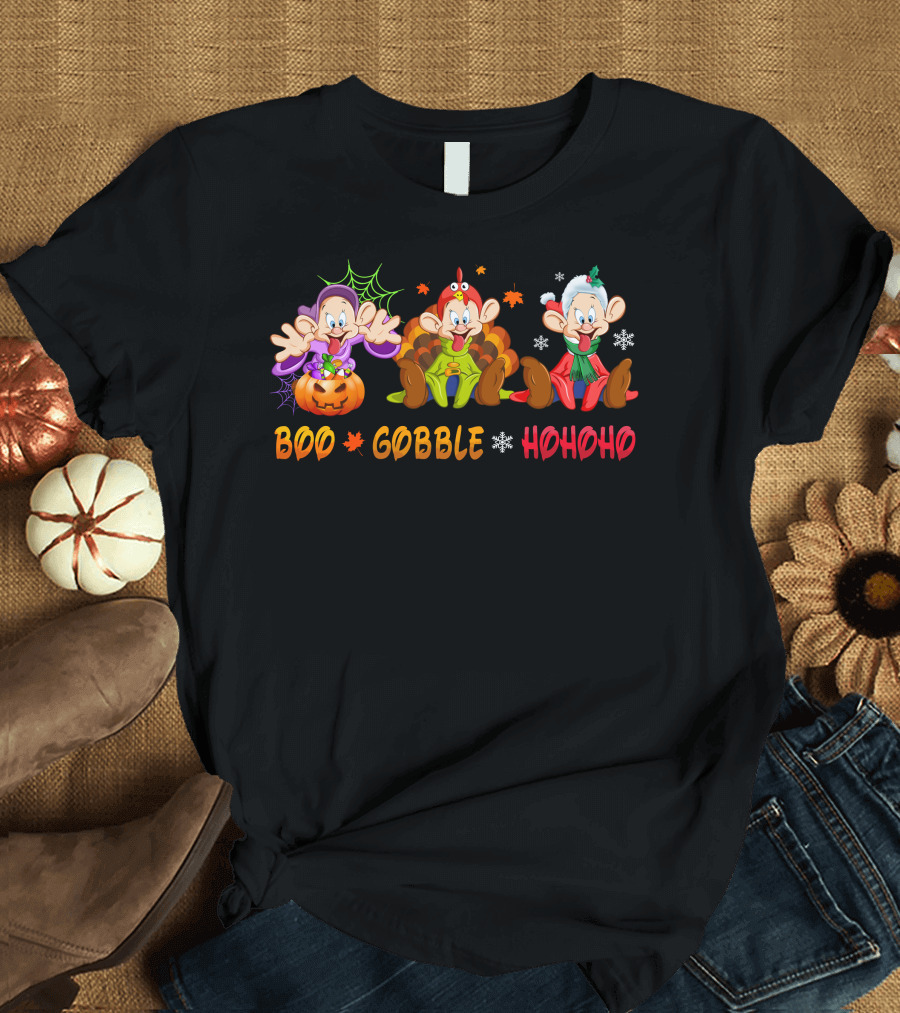 Boo Gobble Hohoho Dopey Halloween Thanksgiving Christmas Holiday Trio T-Shirt