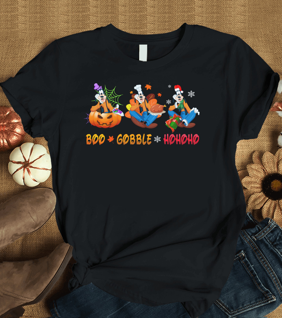 Boo Gobble Hohoho Goofy Halloween Thanksgiving Christmas T-Shirt