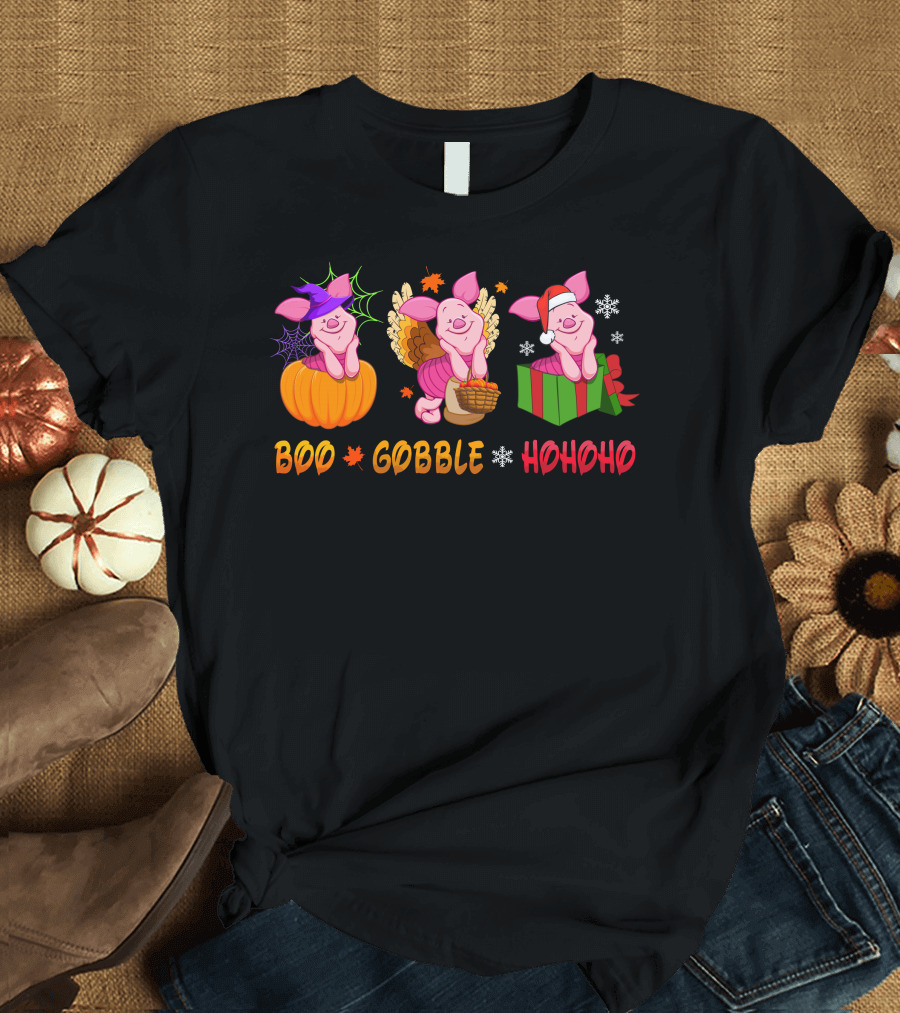 Boo Gobble Hohoho Piglet Halloween Thanksgiving Christmas T-Shirt