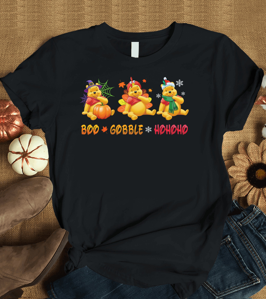 Boo Gobble Hohoho Pooh Halloween Thanksgiving Christmas T-Shirt