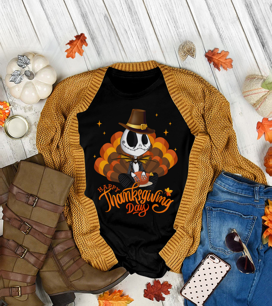 Happy Thanksgiving Day Jack Skellington With Pumpkin Turkey Hat T-Shirt