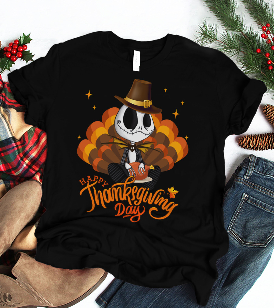 Happy Thanksgiving Day Jack Skellington With Pumpkin Turkey Hat T-Shirt