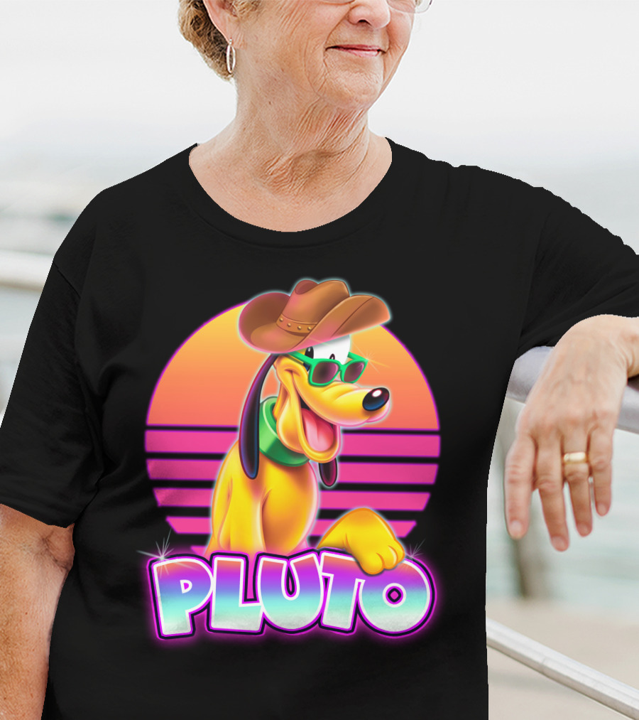 Pluto Retro Sunset Neon Style With Sunglasses And Cowboy Hat T-Shirt