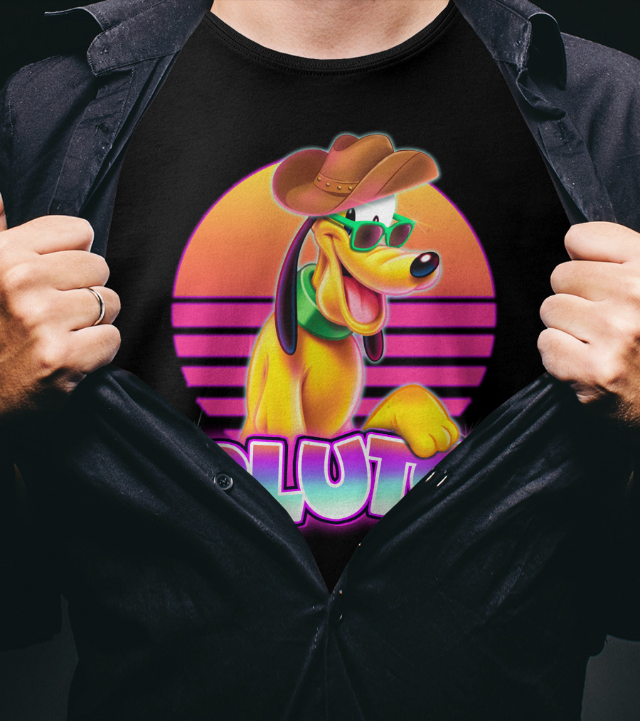 Pluto Retro Sunset Neon Style With Sunglasses And Cowboy Hat T-Shirt