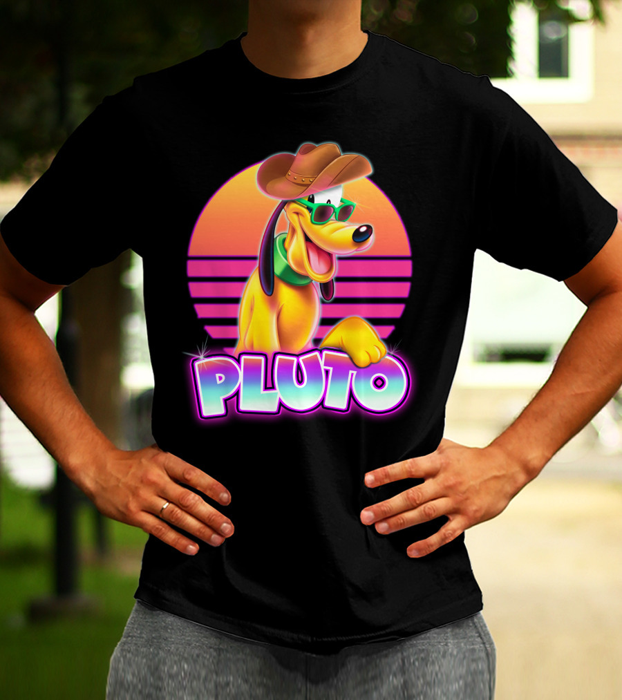 Pluto Retro Sunset Neon Style With Sunglasses And Cowboy Hat T-Shirt