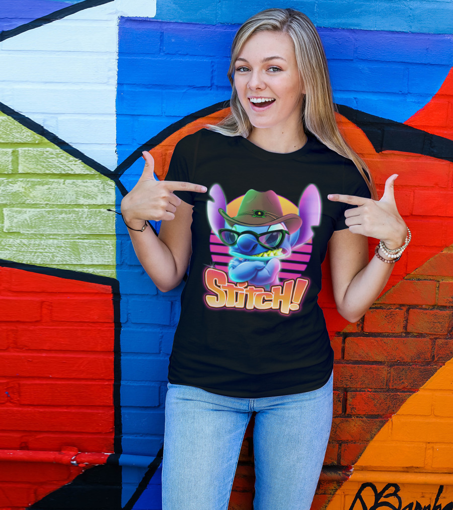 Stitch Neon Retro Cowboy Style With Sunglasses T-Shirt